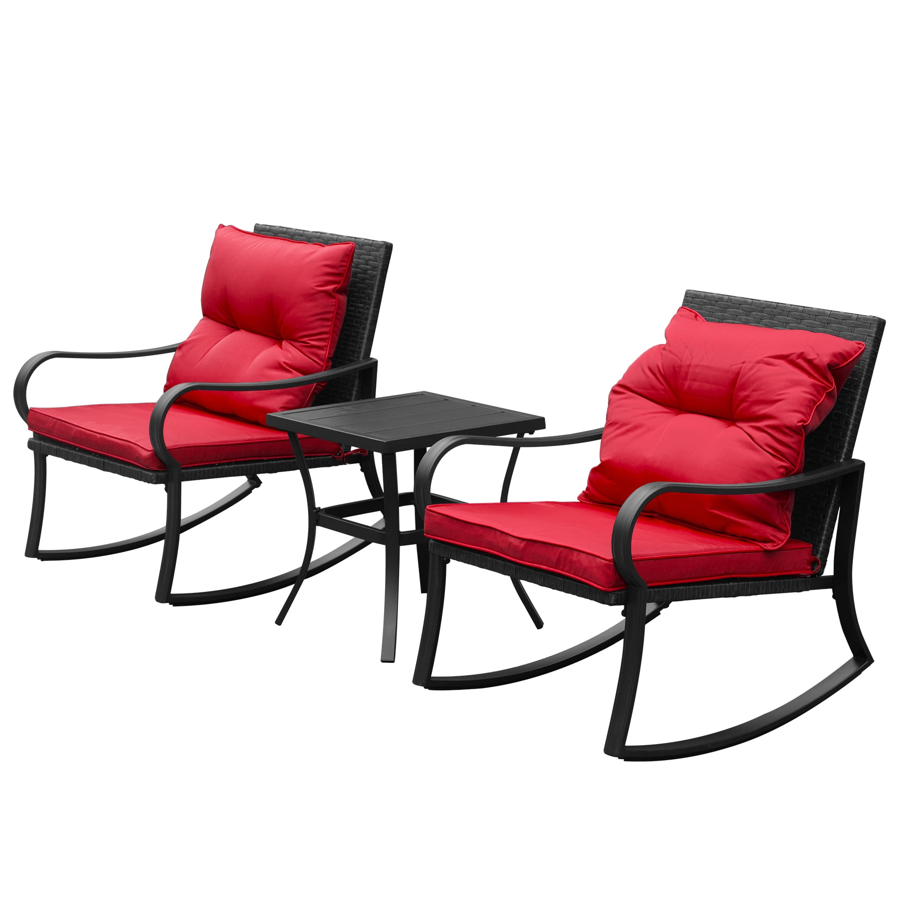 Leumius 3-Piece Outdoor Rocking Chair Set,Wicker Rocking Bistro Patio Set with Cushions & Table for Backyard, Porch, Balcony, Poolside,Red