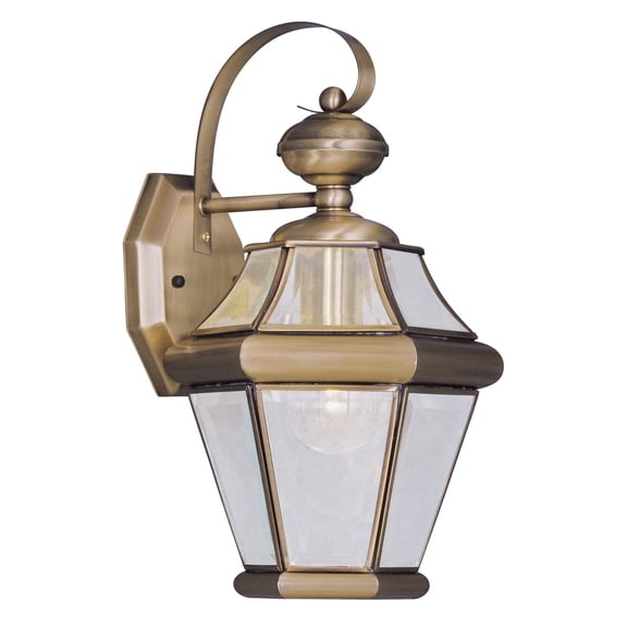 8.5 inch 1 Light Antique Brass Outdoor Wall Lantern Pendant Lighting Fixture with Clear Beveled Glass Shade backed with Hand Crafted Solid Brass material for patio, front porch, entryway and more