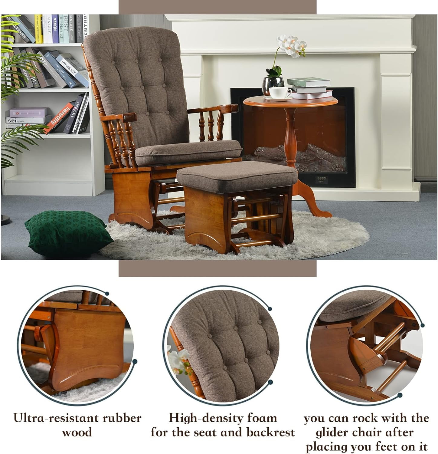 Dvasovio Nursery Collection Kids American Design Rubber Wood Glider Rocking Chair with Ottoman, Antique Brown
