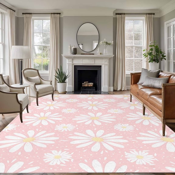 Large Area Rugs for Living Room Bedroom, Pink Daisy 5'x8' Rug Washable Carpet Runner Indoor Outdoor, Spring Floral Elegant Pastoral Botanical Non Slip Floor Mats Rug for Kitchen, Bathroom