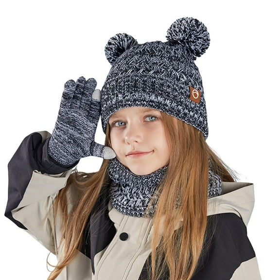 ievspot Kids Winter Hat Gloves Scarf Set with Pom Fleece Lined Neck Warmer Mitten Set for Girls Boys Ages 4-10 Outdoor Accessories