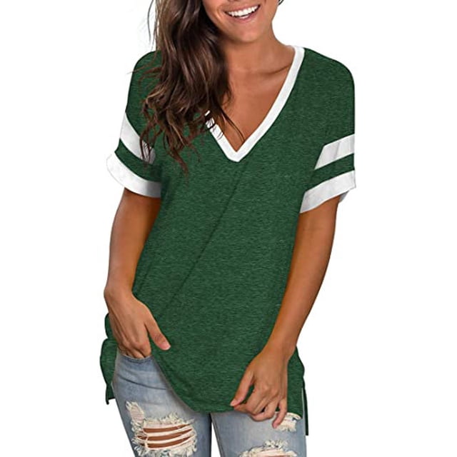 Fiudx Ofertas Flash Artículos En Oferta Camisetas de Empalme a Rayas para Mujer, Tops Informales de Manga Corta con Cuello En V