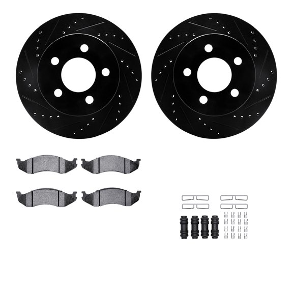 Dynamic Friction Company Front Brake Rotors-Drilled and Slotted-Black with Heavy Duty Brake Pads includes Hardware 8212-42098