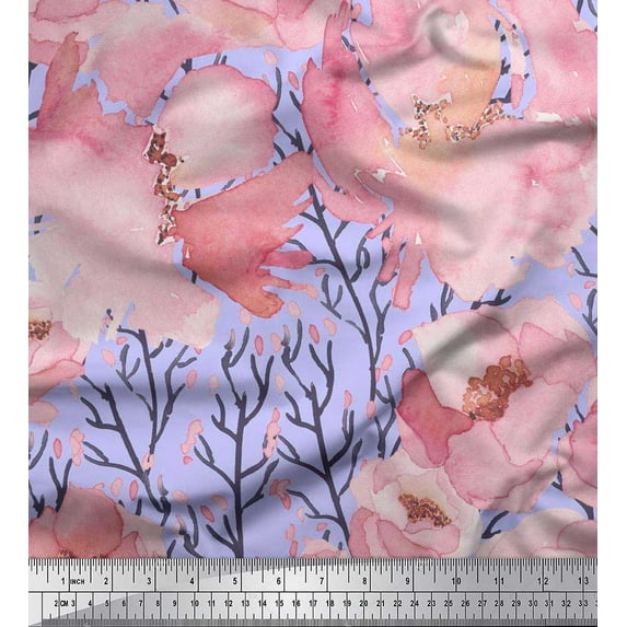 Soimoi Blue Viscose Chiffon Fabric Branch & Peach Flower Watercolor Printed Fabric 1 Yard 42 Inch Wide