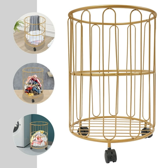 21.26in Round Rolling Laundry Basket Cart, Metal Laundry Basket, Gold Laundry Basket Cart for Laundry Room