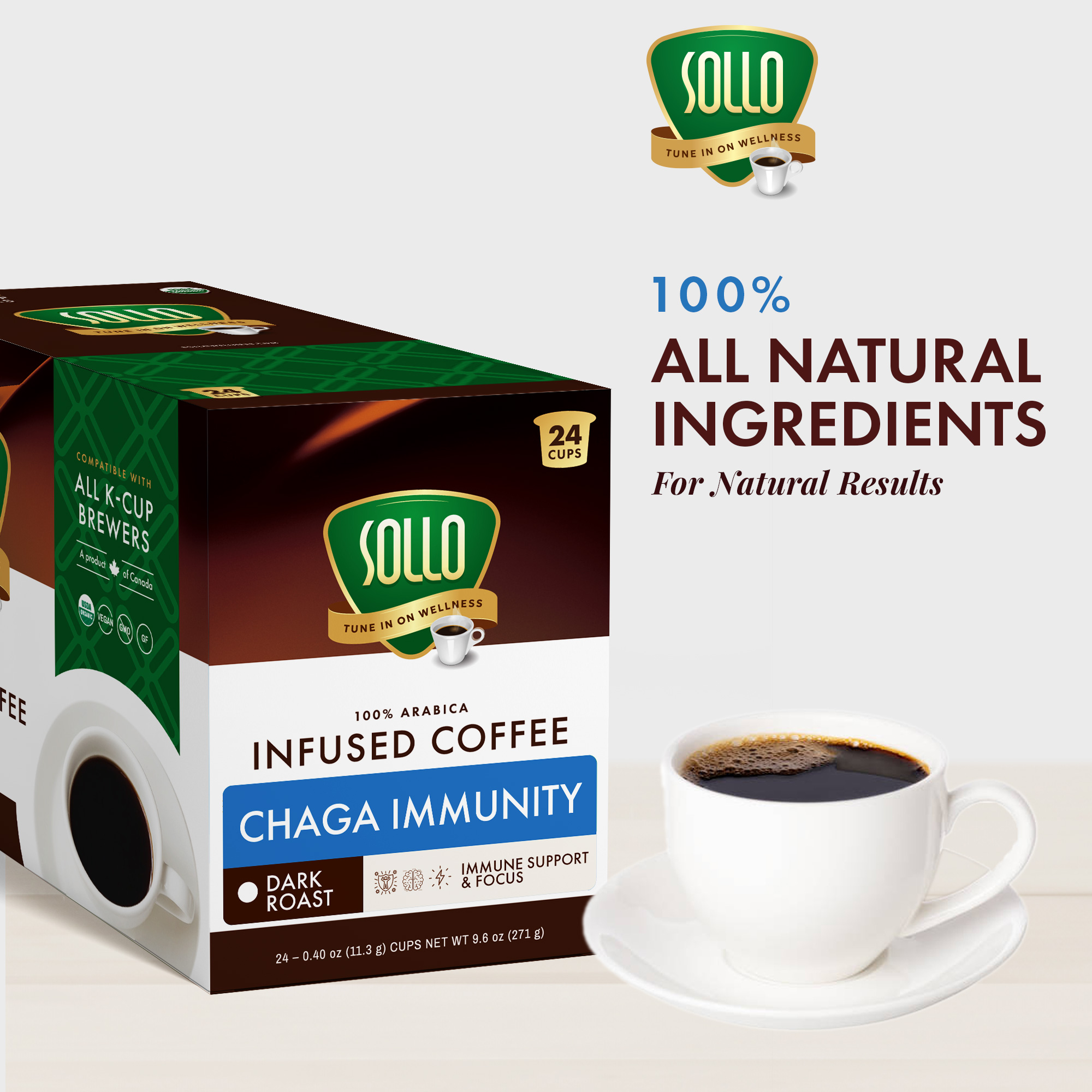 Sollo Chaga Mushroom Coffee Pods Compatible w/ K-Cup Brewers, 24 Ct