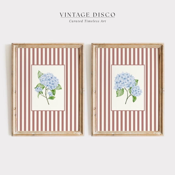 Luvia Nancy Meyers Red Striped Hydrangea French Country Cottagecore Decor, Vintage Farmhouse Floral, Coastal Grandma, Modern Wall Decor Set 2 Prints 8x12 UNFRAMED