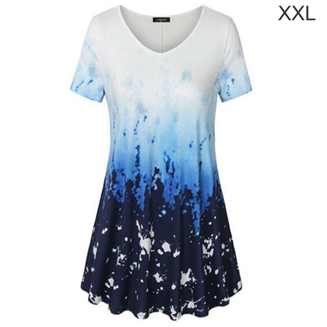 Camiseta de mujer Blusa informal con estampado degradado Vestido suelto con cuello en V, Azul, XXL Sweethay AP001902-45