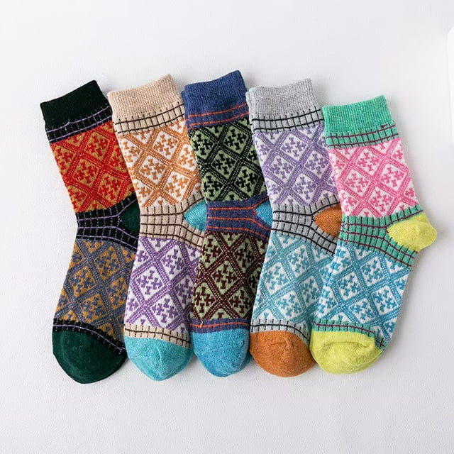 Xiao Hua Paquete de 5 calcetines de lana para mujer, vintage, suaves, cálidos, gruesos, de punto frío, multicolor, romboidales.