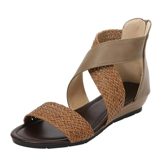 Clearance VerPetridure Women's Sandals Summer Casual Weave Wedge Heel Shoes Zipper Sandals Casual Beach Sandals Roman Shoes