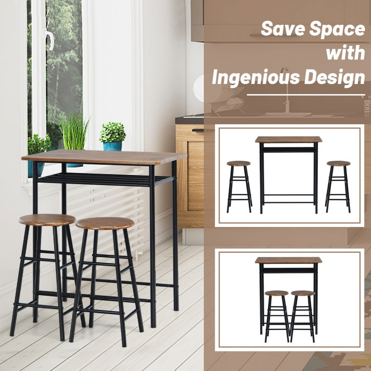Finihen Dining Set, Dining Table Set, 3 Pieces Bar Table Set with 2 Stools, for Home, Restaurant, Dark Walnut Finihen Dining Set, Dining Table Set, 3 Pieces Bar Table Set with 2 Stools, for Home, Restaurant, Dark Walnut