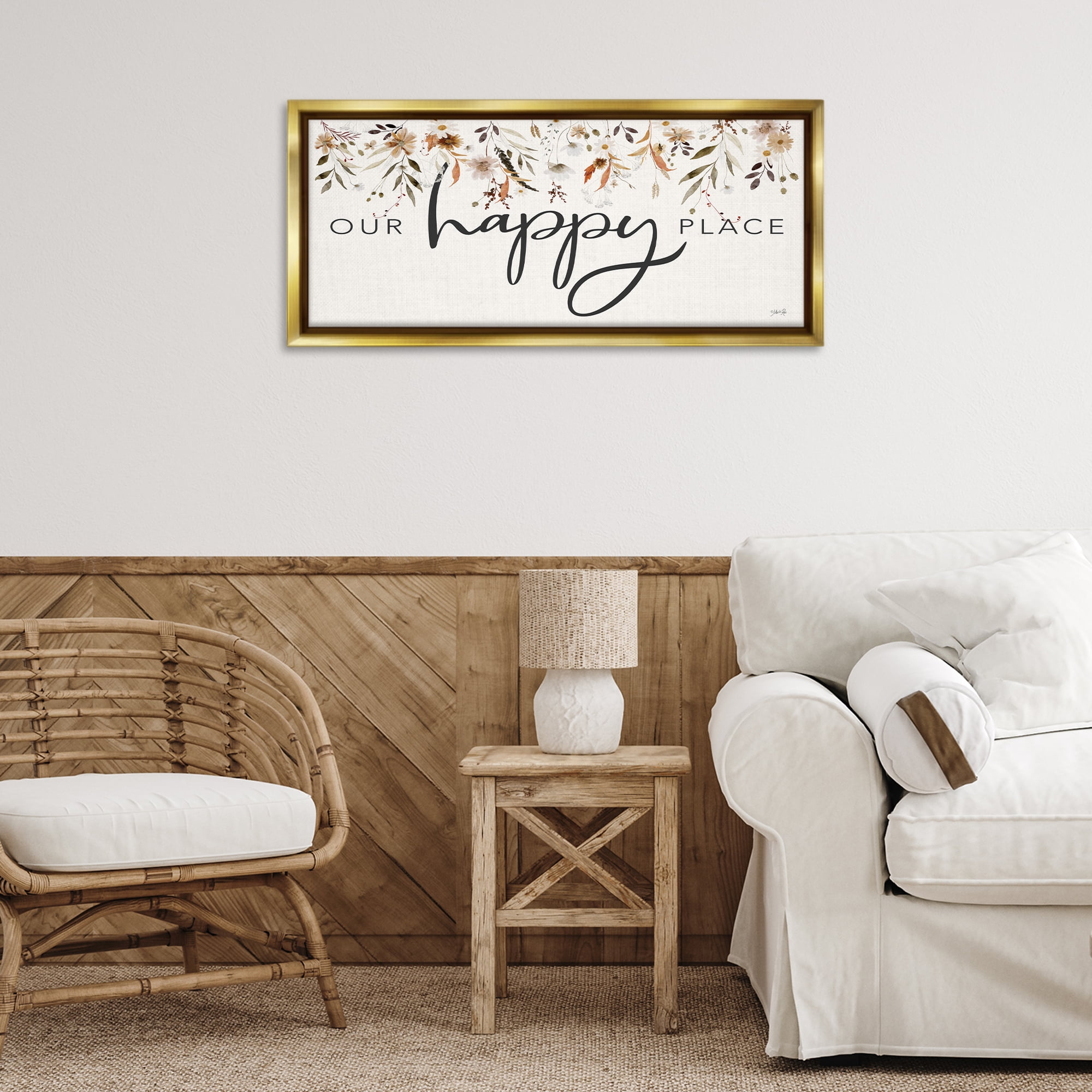 Stupell Industries Our Happy Place Florals Botanical & Floral Painting Gold Floater Framed Art Print Wall Art, 31 x 14