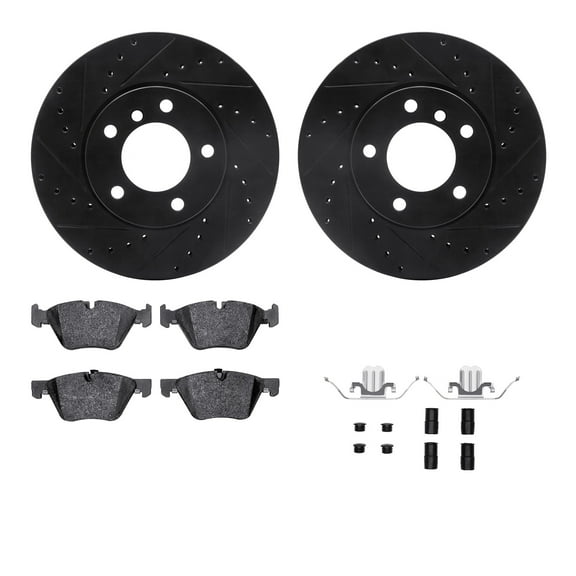 Dynamic Friction Company Front Brake Rotors-Drilled and Slotted-Black with 5000 Euro Ceramic Brake Pads includes Hardware 8612-31063
