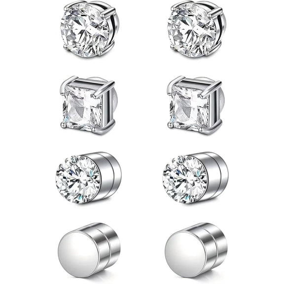 4 Pair Men Women Stainless Steel Strong Stud Earrings Non-Piercing Clip On E40