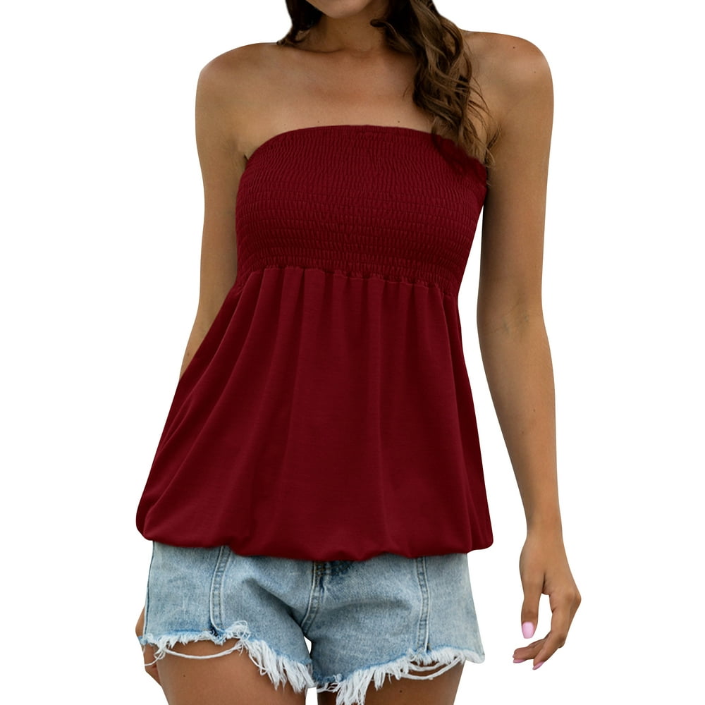 ZXZY ZXZY Women Solid Color Strapless Elastic Pleated Tube Halter Twisted Top