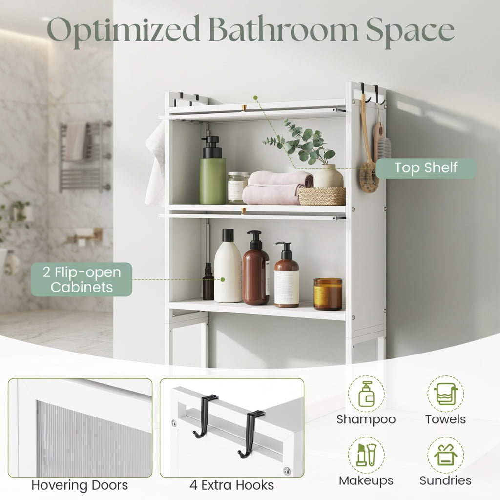 Hommoo Over-the-Toilet Storage Cabinet with Flip-Up Doors, Adjustable Height & Wall-Safe Design, Bathroom Organizer for Shampoo, Toiletries & Towels, White