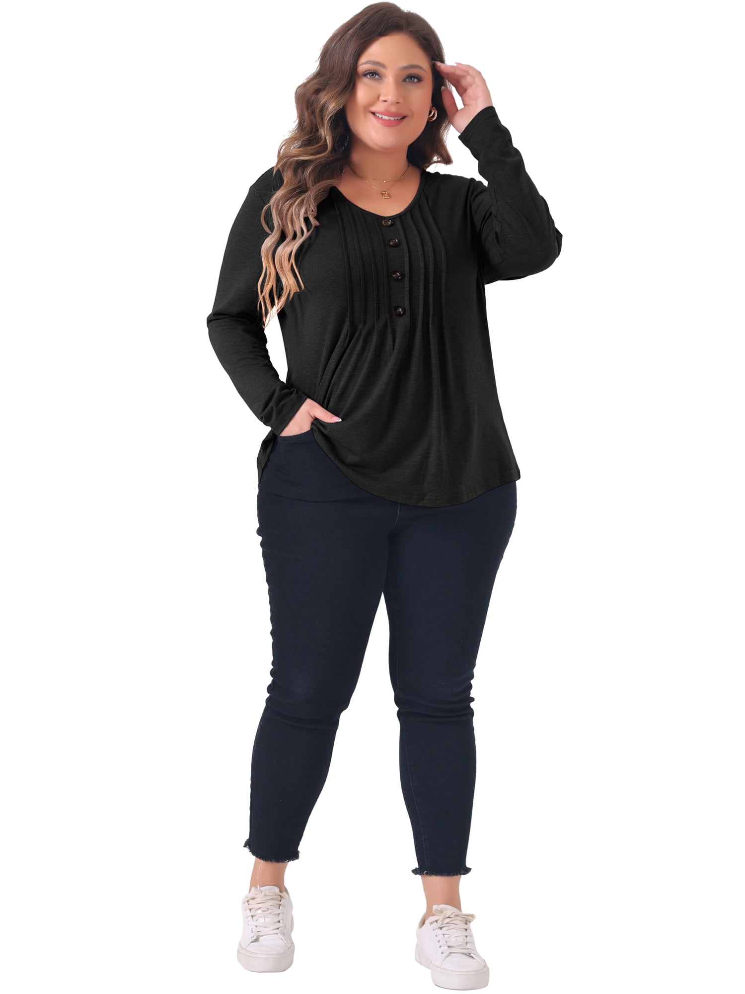 DARING DIVA Women's Plus Tops Pleated Front V Neck Button Blouses 1X Black