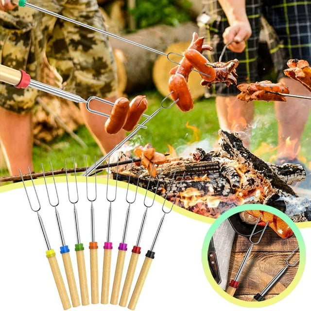 Adjustable U-Shape Stainless Steel BBQ Forks Retractable Grill Utensil Set With Ergonomic Wooden Handle For Camping Outdoor Cooking