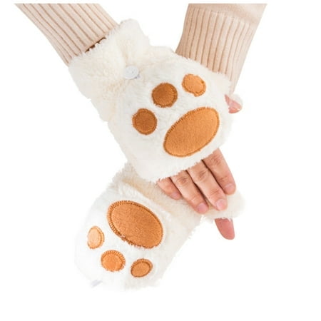 GPOECD Gants Dessin Animé Ours Épais Chauds Femmes Mignons Sans Doigts Demi-Doigts avec Couverture Rabattable 01_Beige, Taille Unique