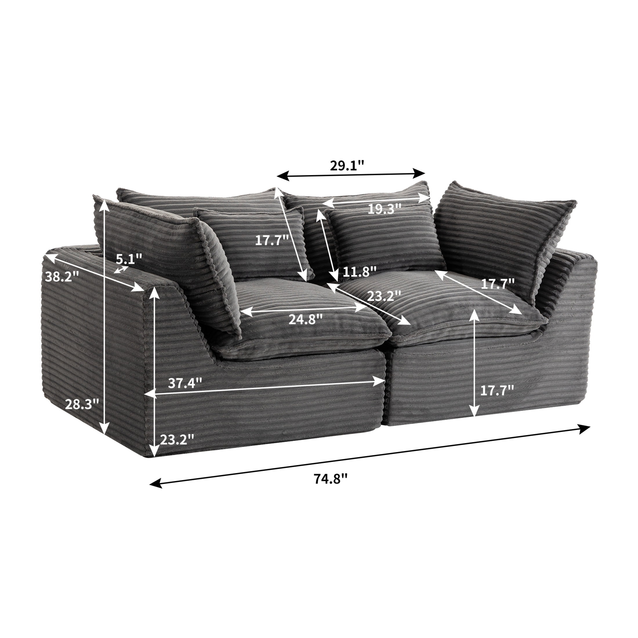GDF Studio Lunas 74.8" Oversized Modular Corduroy Cloud Sectional Sofa, 2-Seat Comfy Couches for Living Room, Grey