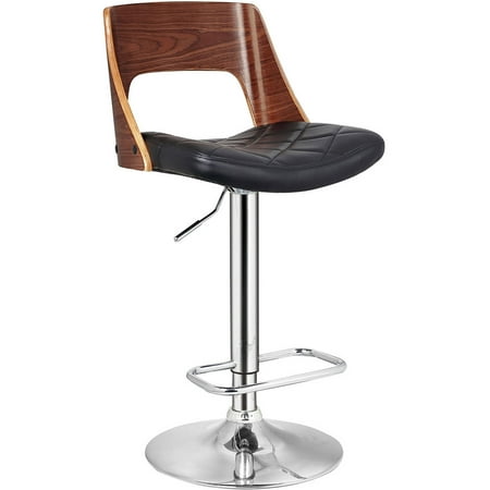 Curved 4 Seat Bentwood Contemporary Modern Stylish Wood Back Adjustable Swivel Bar Stool with Diamond Quilted Finish Curved Seat and Back, Walnut/Black ()
