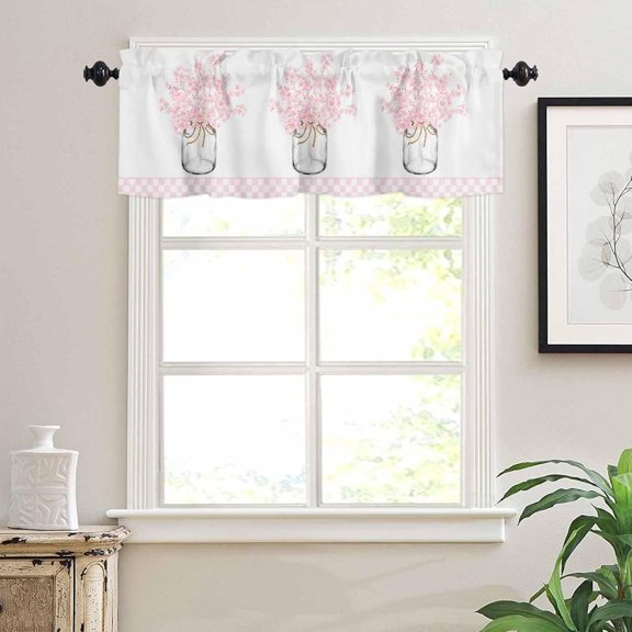 Floral Curtain Valances for Windows, Plants Pink Flowers Buffalo Plaid Rod Pocket Valance Window Treatments Short Curtains for Kitchen Bathroom Living Room