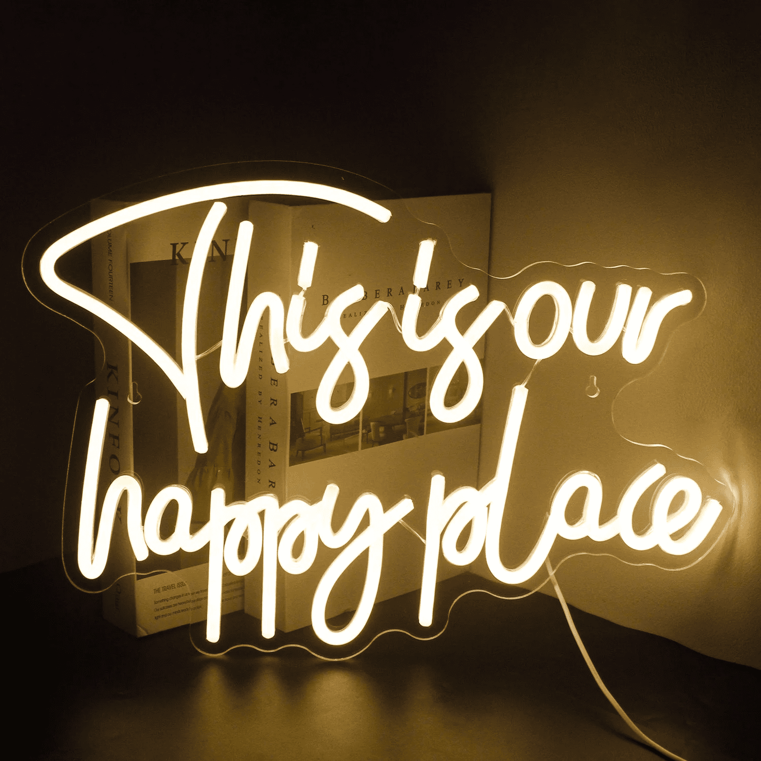 Our Happy Place LED Neon Sign for Wall Decor, USB Power Led Neon Lights for Bedroom, Birthday Wedding Party Decoration Neon Sign for Selfie Point - 13.7x10.6 Inch - Warm White