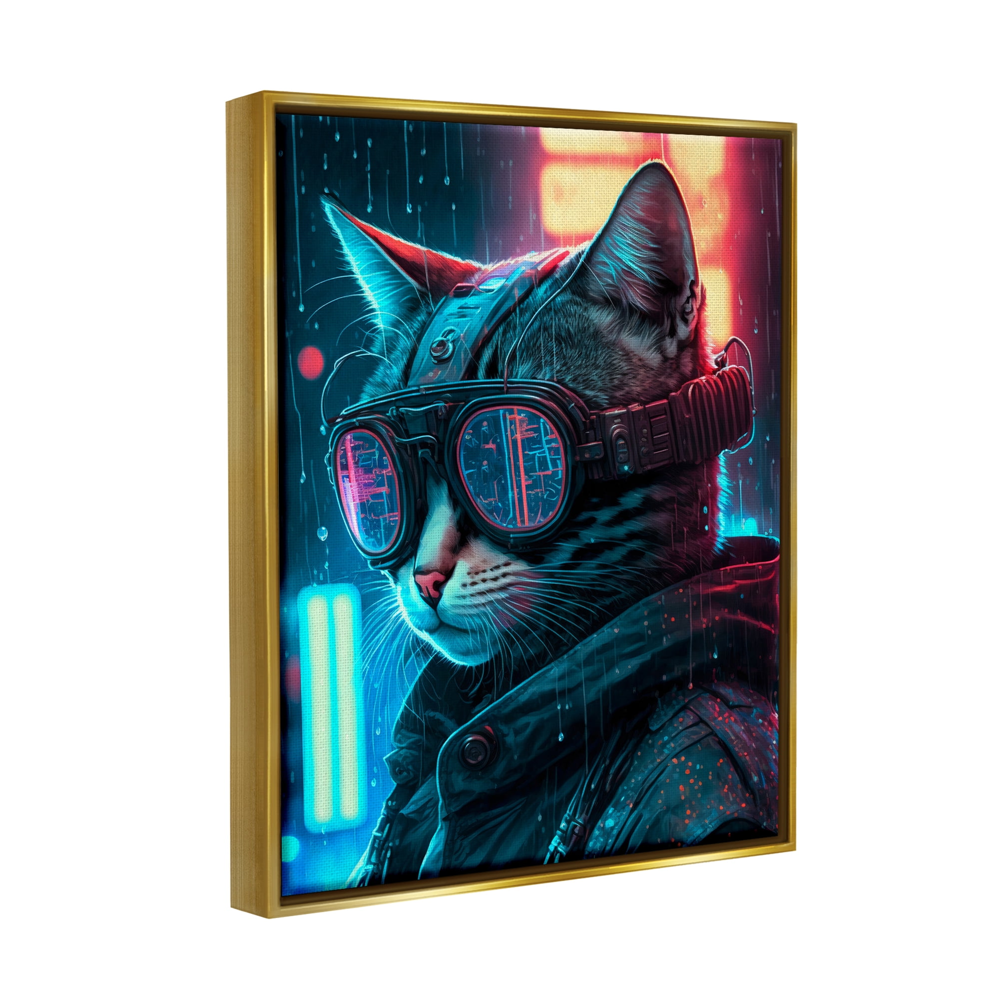 Stupell Industries Cybercat Futuristic Animal Goggles Animals & Insects Painting Gold Floater Framed Art Print Wall Art