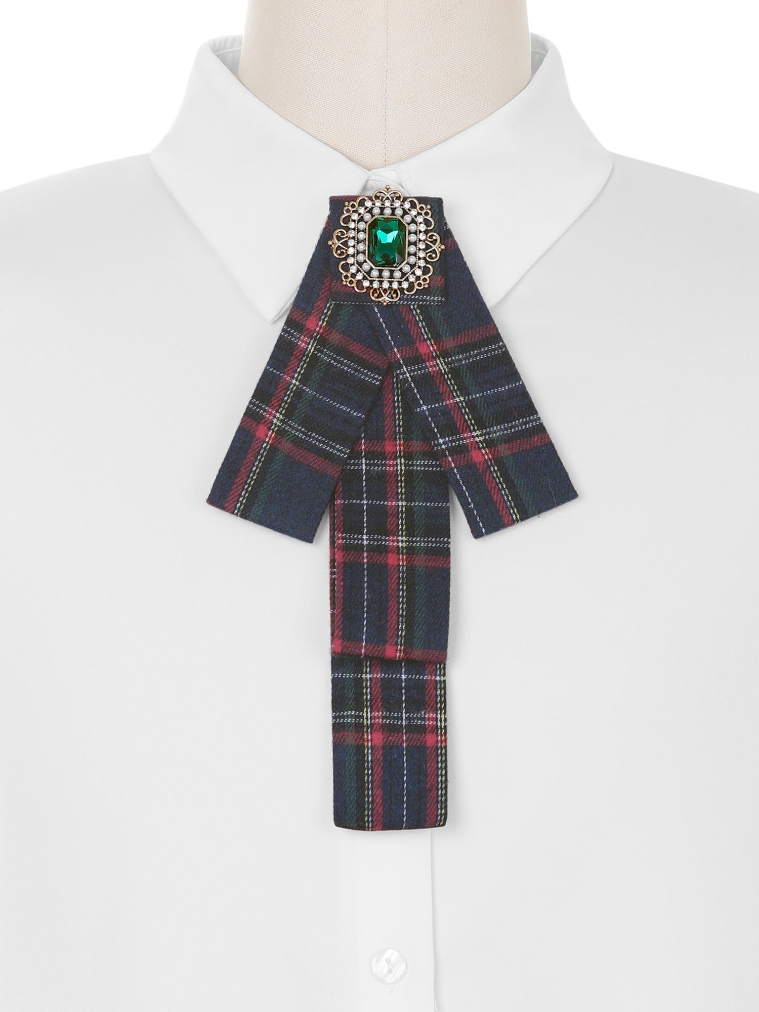 Plaid Bow Tie with Amber Crystal Brooch - Women Accessories Plaid Bowtie Brooch: Aqua Blue Bow Tie Pin With Jeweled  main image 3