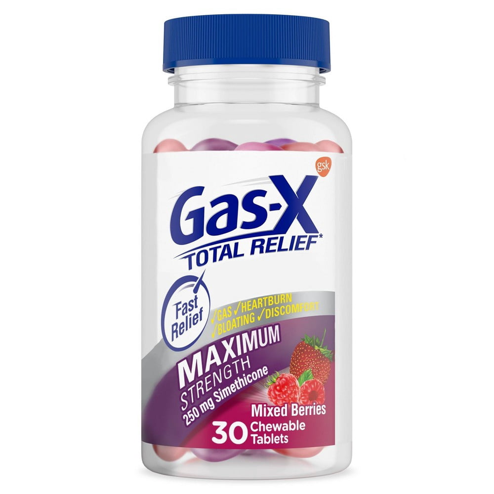 Gas-X Total Relief Chewable Tablets with Maximum Strength Gas Relief Simethicone 250 mg and Heartburn Relief Calcium Carbonate 750 mg, Mixed Berries - 30 Count