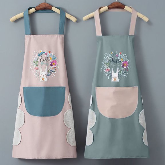 2Pcs Cartoon Aprons With "Hello Spring" Bunny & Floral Design, Adjustable Neck Strap With Pocket - For Kitchen Cooking, Baking, Gardening, Crafting, Party