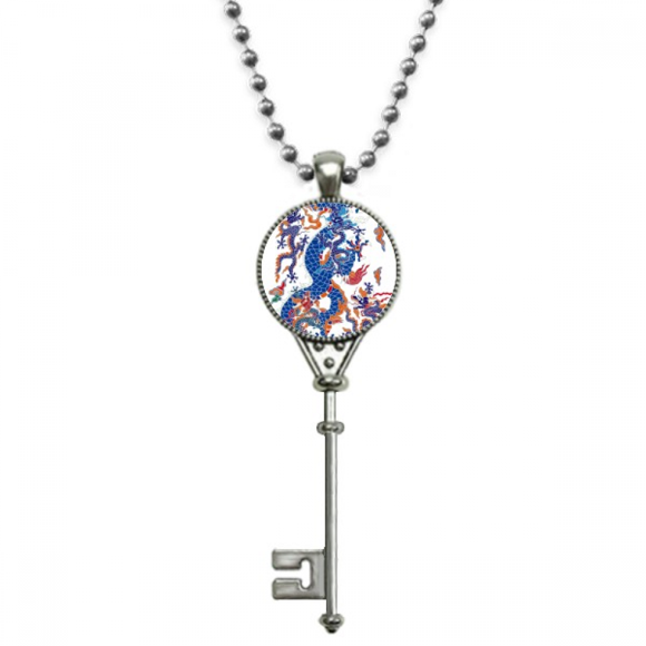 China Chinese Dragon Cloud Pattern Pendant Vintage Necklace Silver Key Jewelry