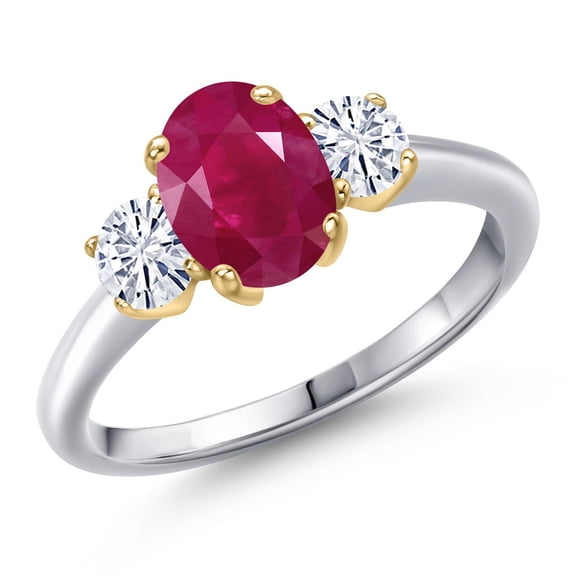 Gem Stone King 10K Two Tone Gold Red Ruby and White Moissanite Engagement Ring for Women | 2.06 Cttw | Oval 8X6MM | Gemstone July Birthstone | Size 7