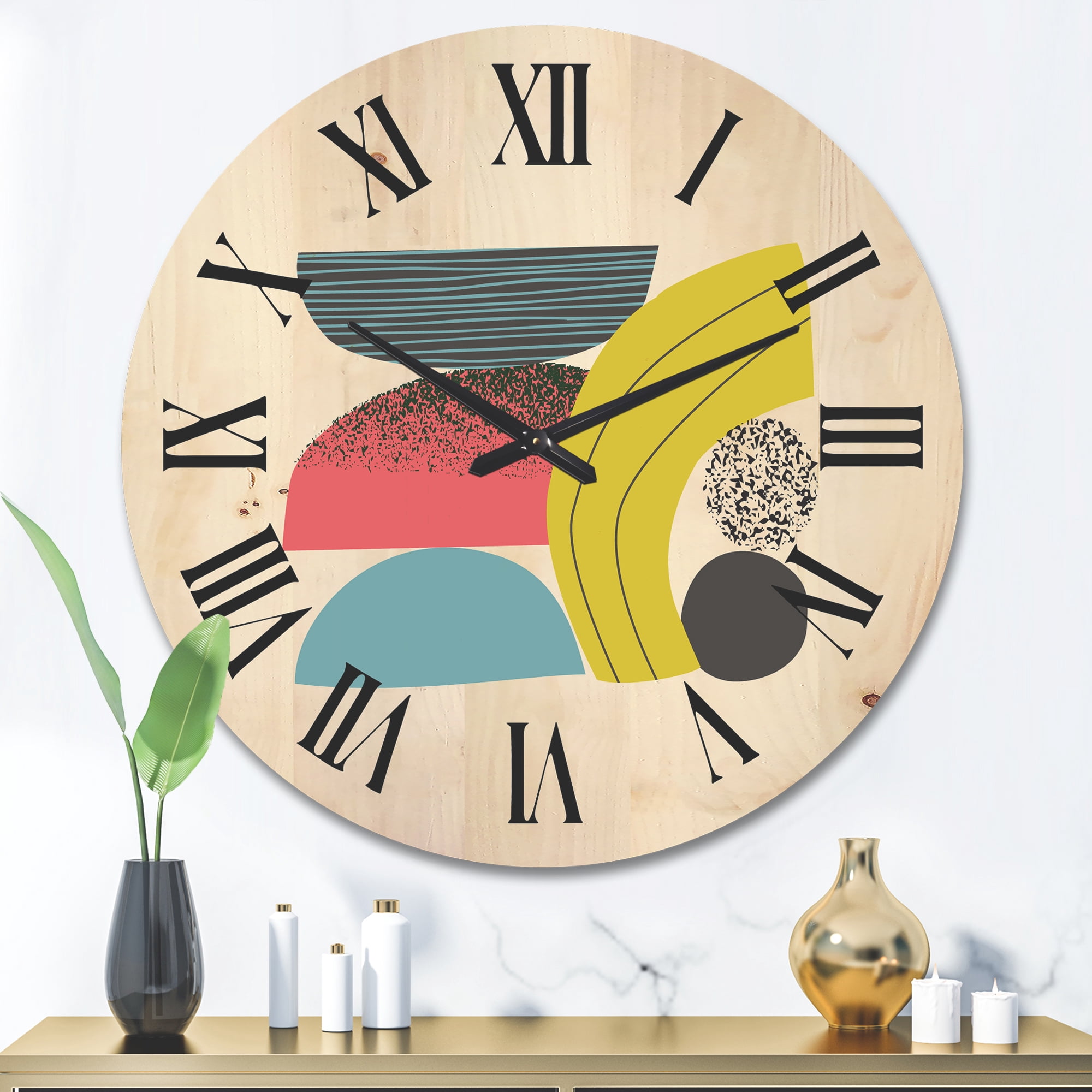 Designart 'Abstract Colorful Geometric Art Collage II' Modern Wood Wall Clock