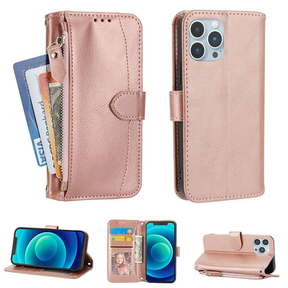 Wallet Case for iPhone 13 Pro, Crossbody Strap & Hand Strap Credit Card Holder Case Kickstand PU Leather Magnetic Handbag Protective Folding Case Cover for iPhone 13 Pro, Rosegold