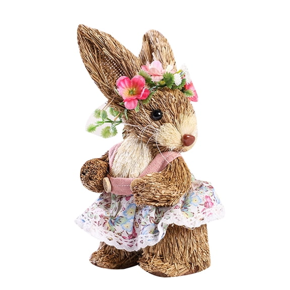 Easter Straw Rabbit Ornament Handmade Bunny Doll with Flower Wreath Apron Decor