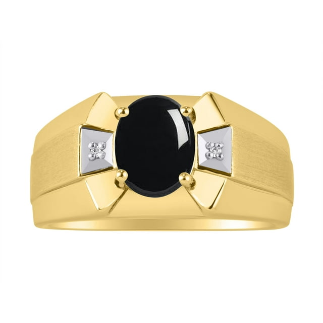 RYLOS Men's Rings 14K Yellow Gold Rings Classic Designer 9X7MM Oval Gemstone & Diamond Ring Cabochon Onyx October Birthstone Ring Size 8