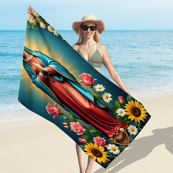 Printeque Beach Towel 30 x 60 in Microfiber Soft Pool Swim Towel, Quick Dry Super Absorbent Travel Towel Vacation Essentials Lounge Cover Gift, Mary Pattern