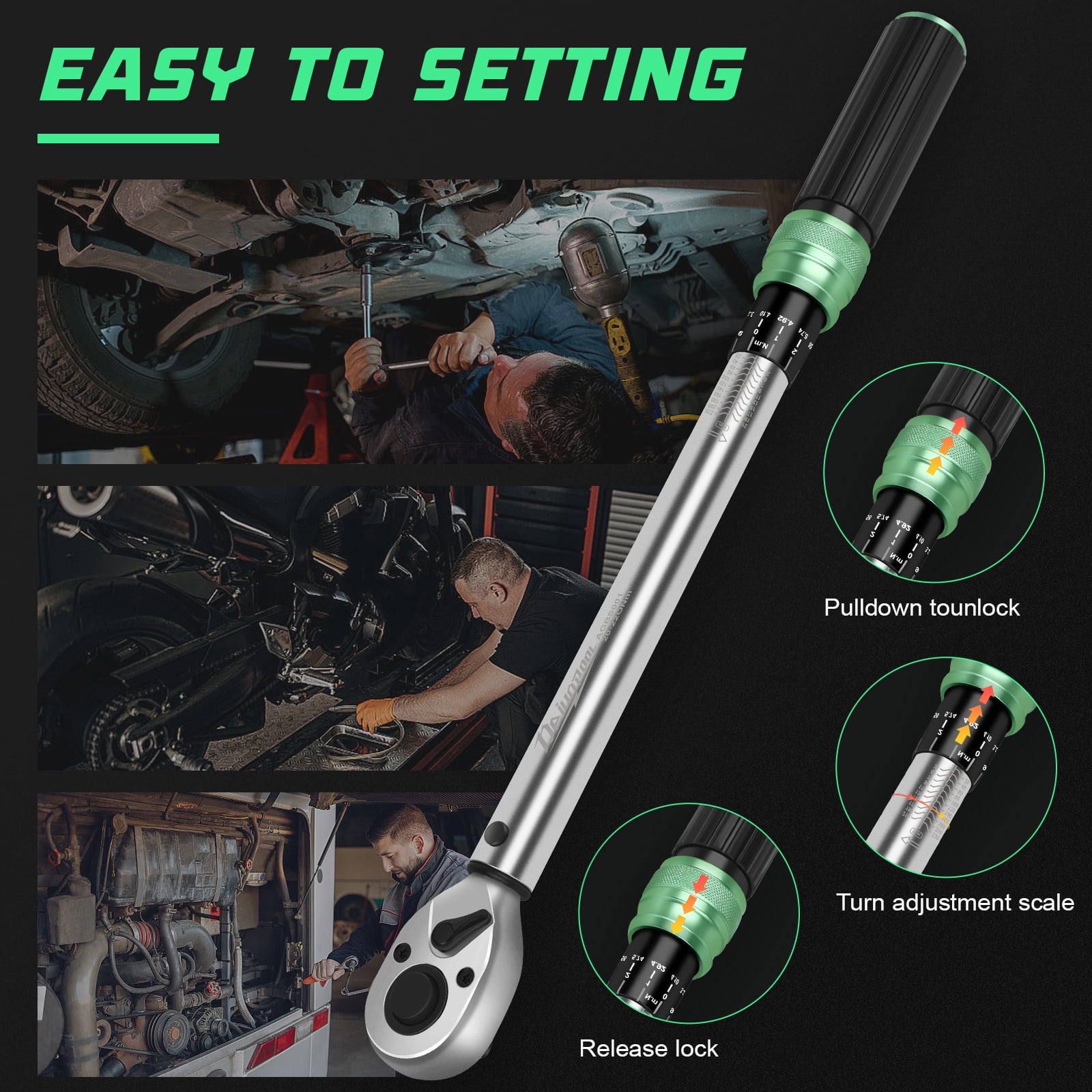 Torque Wrench 1/2 inch 20-220NM with 3/8 inch Adapter, 1/2 125mm Adapter