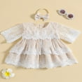 thumbnail image 2 of Robe Fille Dentelle Fleur Demi Manche Col Rond Maille Robe avec Bandeau, 2 of 9