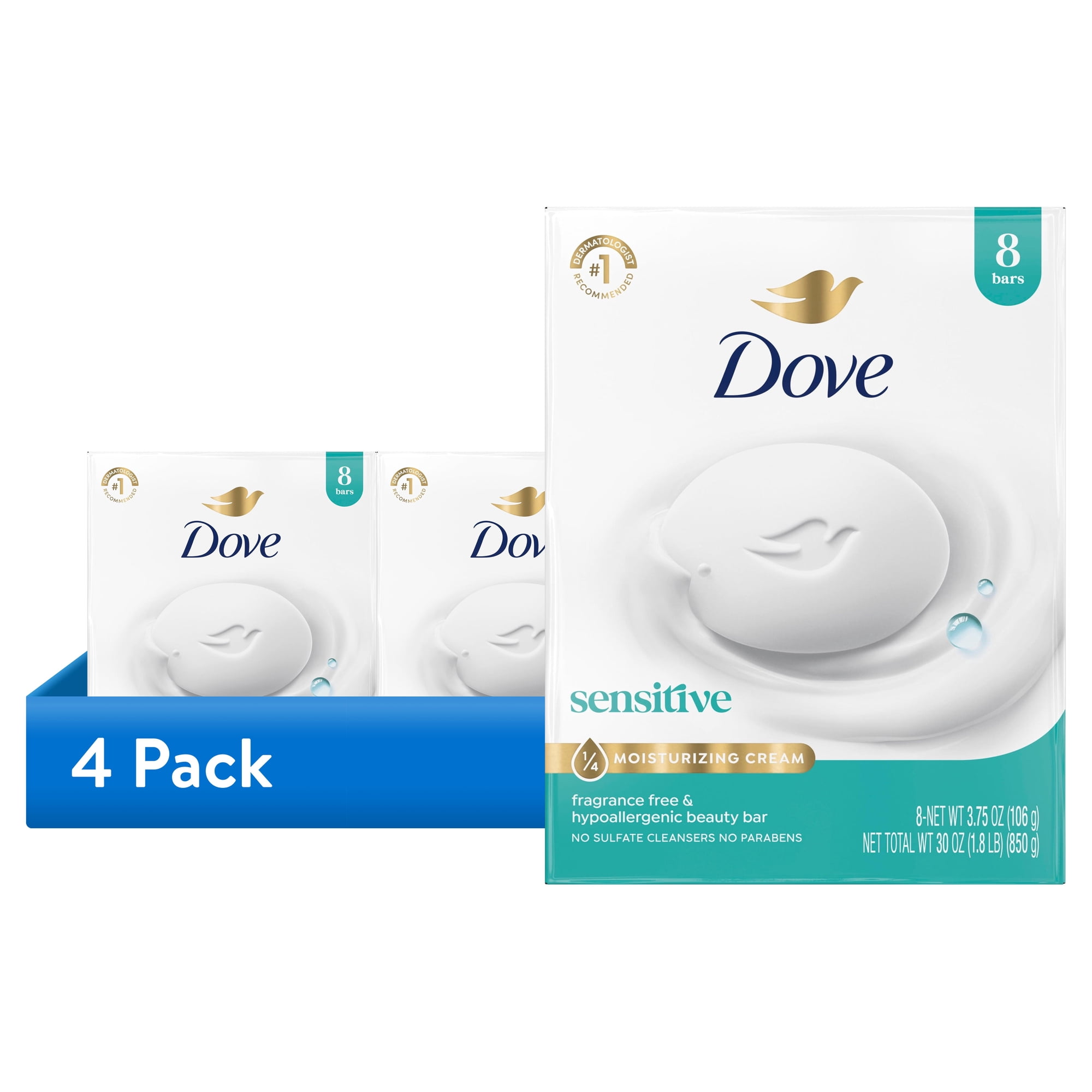 (4 pack) Dove Beauty Bar Soap For Sensitive Skin, Sensitive, Fragrance Free And Hypoallergenic ,3.75 oz 8 Bars