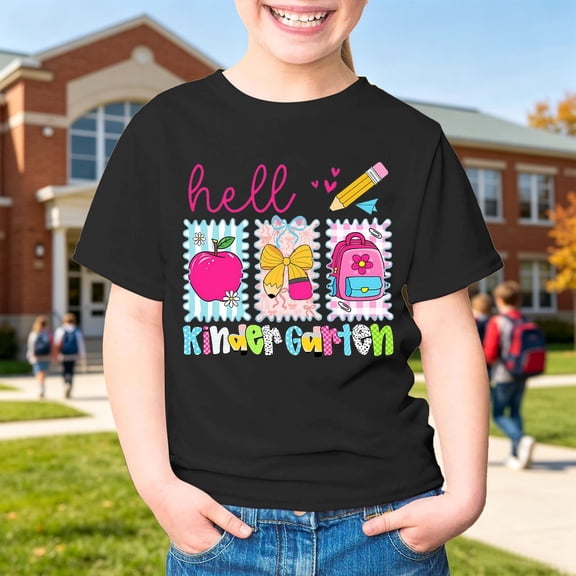School Uniform Tshirts Children First Day School Cartoon Tee Short Sleeve Girls Top Boys T Shirts Black 5-6 Years