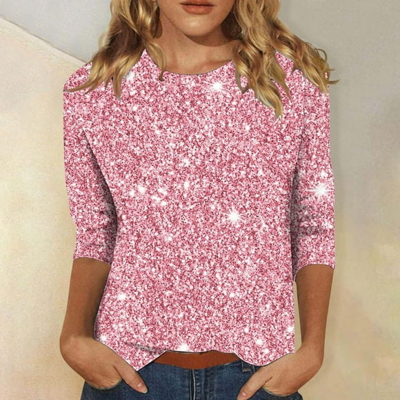 Hot Sale!! Women Sequin Tops Sparkle Long Sleeve Blouses Shimmer Glitter Party Crewneck Loose Fit Shirts Glitter Top Trendy Dressy Clothes Pink XXL