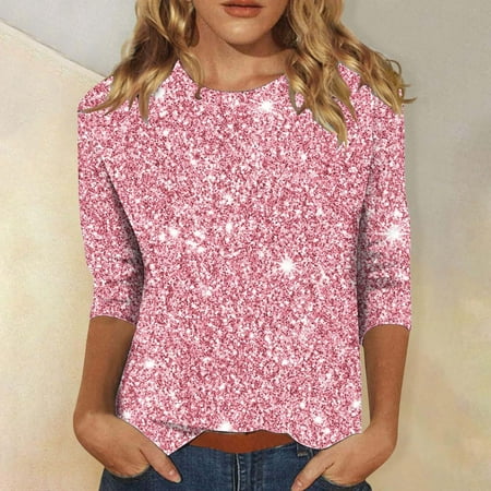 Outfmvch Glitter Top Mesh Long Sleeve Tops for Women Shirts for Women Women s Three Quarter Sleeve Sequin Print Fashionable Casual T Shirt 3/4 Length Sleeve Womens Tops Corset Tops for Women Pink 2XL