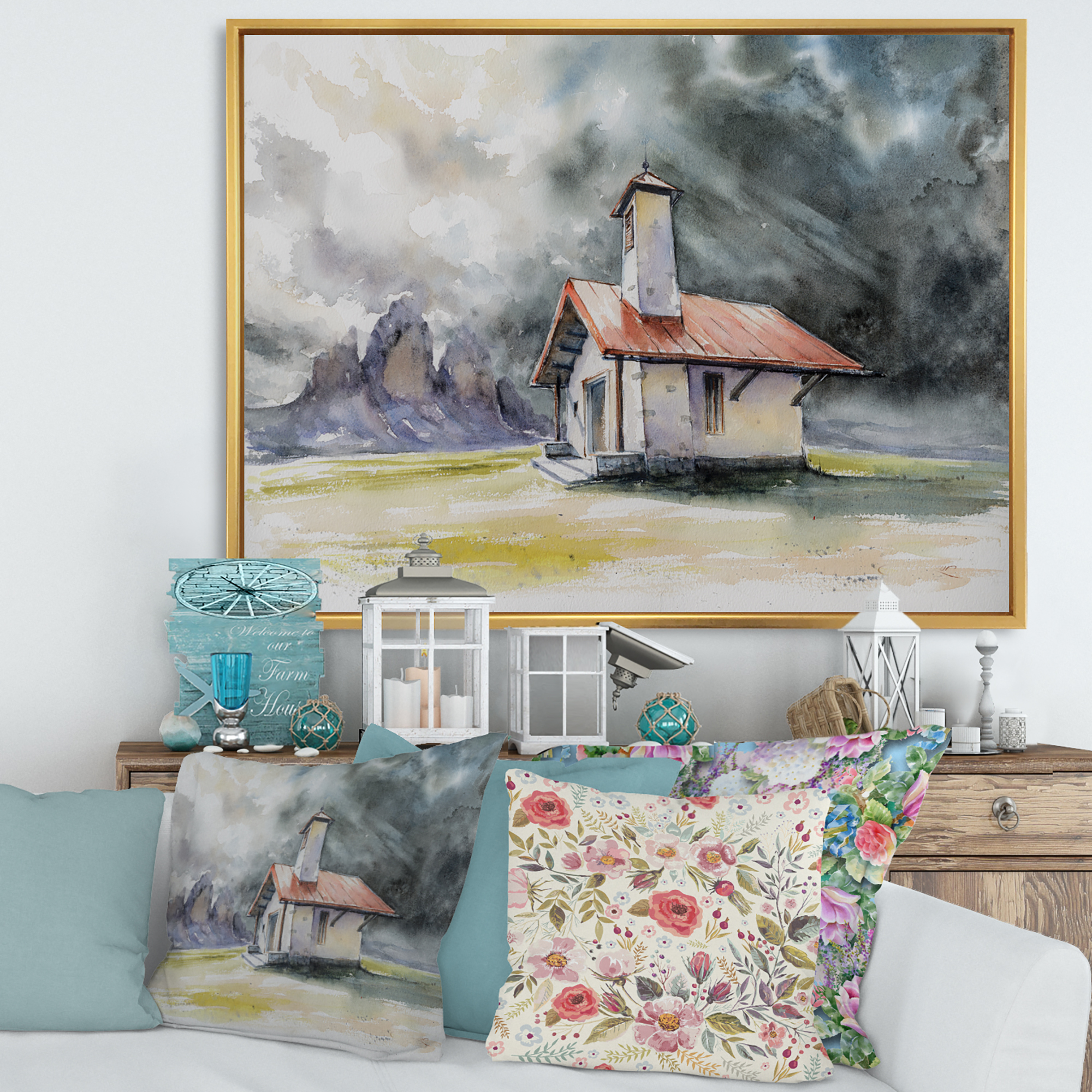 Designart 'Storm On A Rustic House On Mountain Top ' Country Framed Canvas Wall Art Print