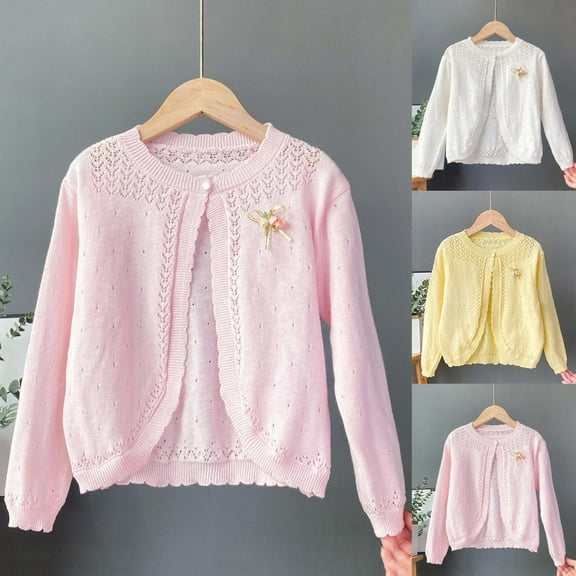 MKOSPLRT Crochet Cardigans for Girl 0-13Y Button Closure Bolero Shrug Long Sleeve Hollow Out Knit Cardigan Sweaters for Fall