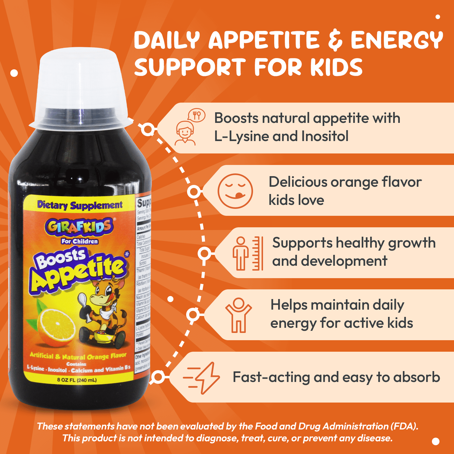 GirafKids Appetite Booster Syrup for Kids with L-Lysine and B Vitamins, Orange Flavor, 8 Fl Oz -  Supports Healthy Appetite and Daily Energy, 24 Servings, Ages 4+