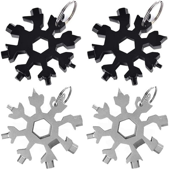 18-in-1 Stainless Steel Snowflake Multi Tool Outdoor Wrench Snowflake Portable Snowboarding Screwdriver Keychain Combination Tool for Camping(2pcs Black, 2pcs Silver)