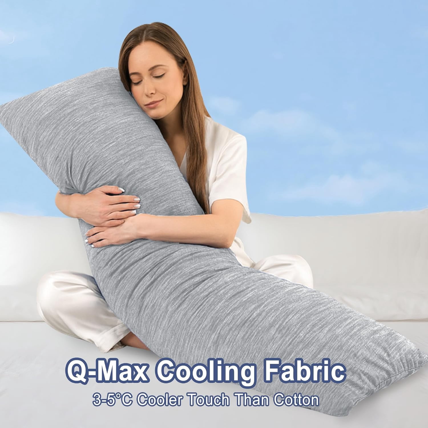 Cooling Body Pillow for Adults, 20x60 Inch Light Grey - Shredded Memory Foam Body Pillow with Removable & Adjustable Filling, Full Body Support for Side Sleepers, Pregnancy & Pain Relief