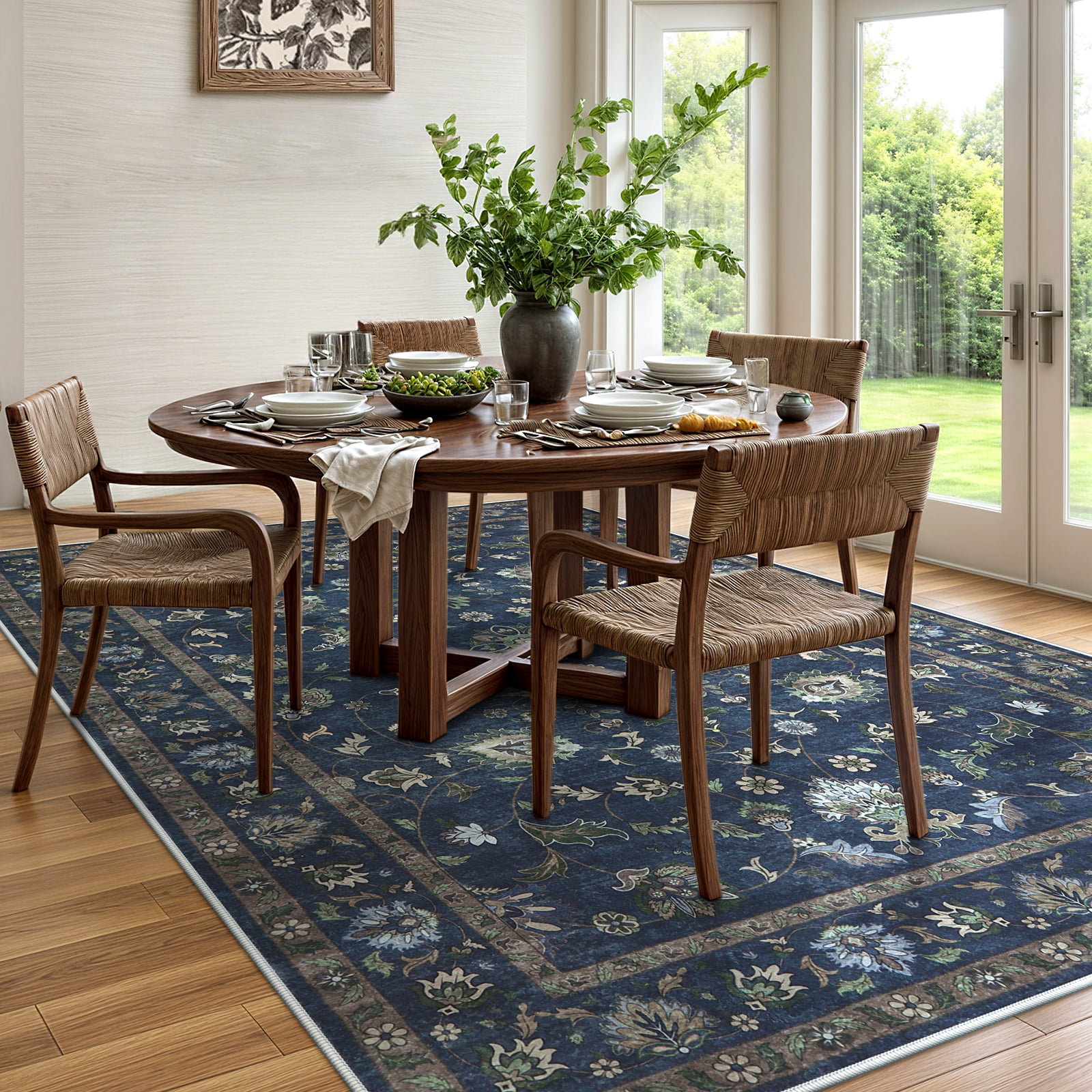 Lahome Decor Floral Area Rug 5x7, Machine Washable Rugs for Entryway, Non Slip Rug with Vintage Printed, Low Pile Carpet for Living Room Kitchen Bedroom Home, Blue